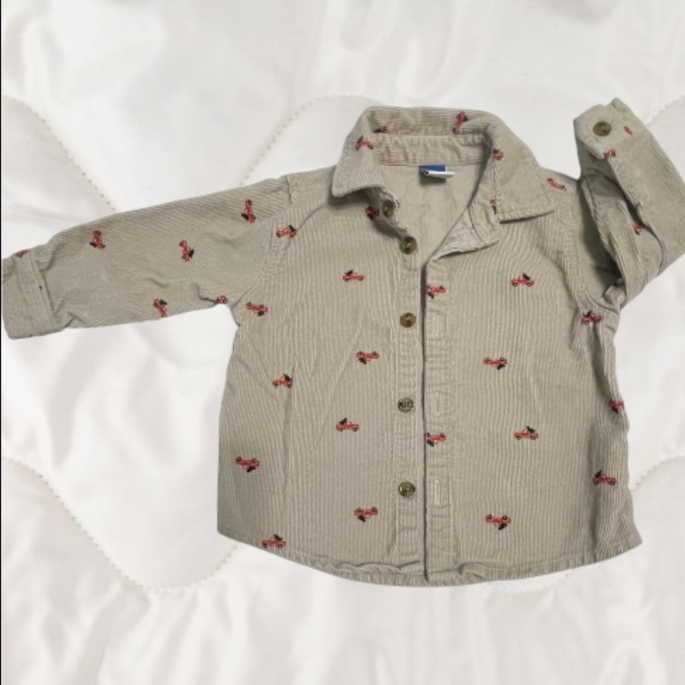 Old Navy Boys Beige Button-Up Shirt with Red Truck Accents
